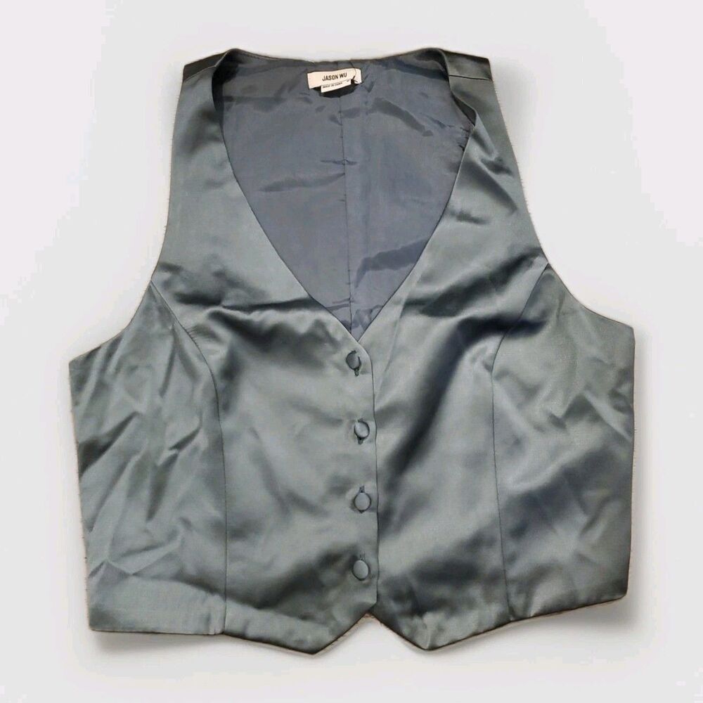Jason Wu Vest Womens Medium Green Button Up Satin Vneck Princess Seam Trendy